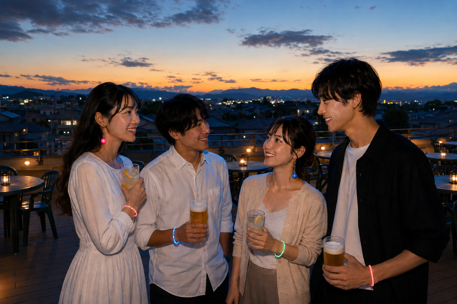 夕暮れの京都・嵐山を望む屋上テラスで会話を楽しむ男女